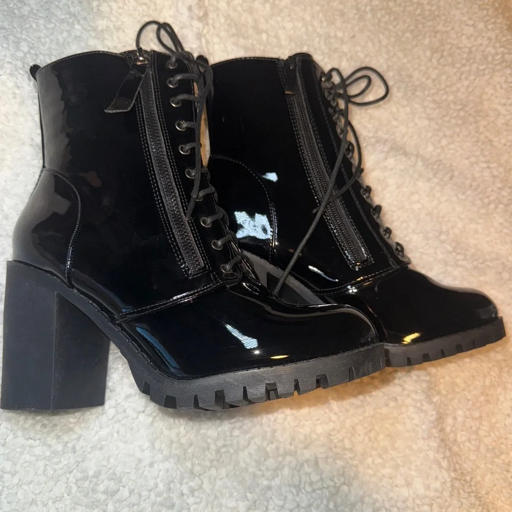 Fashion Nova Glossy Black Heeled Boots - Picture 3 of 5